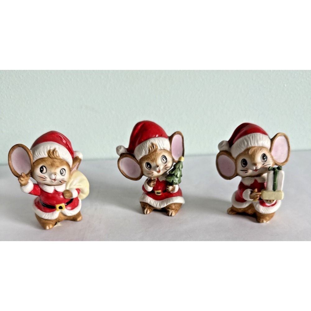 Vintage Homco Set of 3 Christmas Santa Mice Ceramic Bisque Figurines  5405